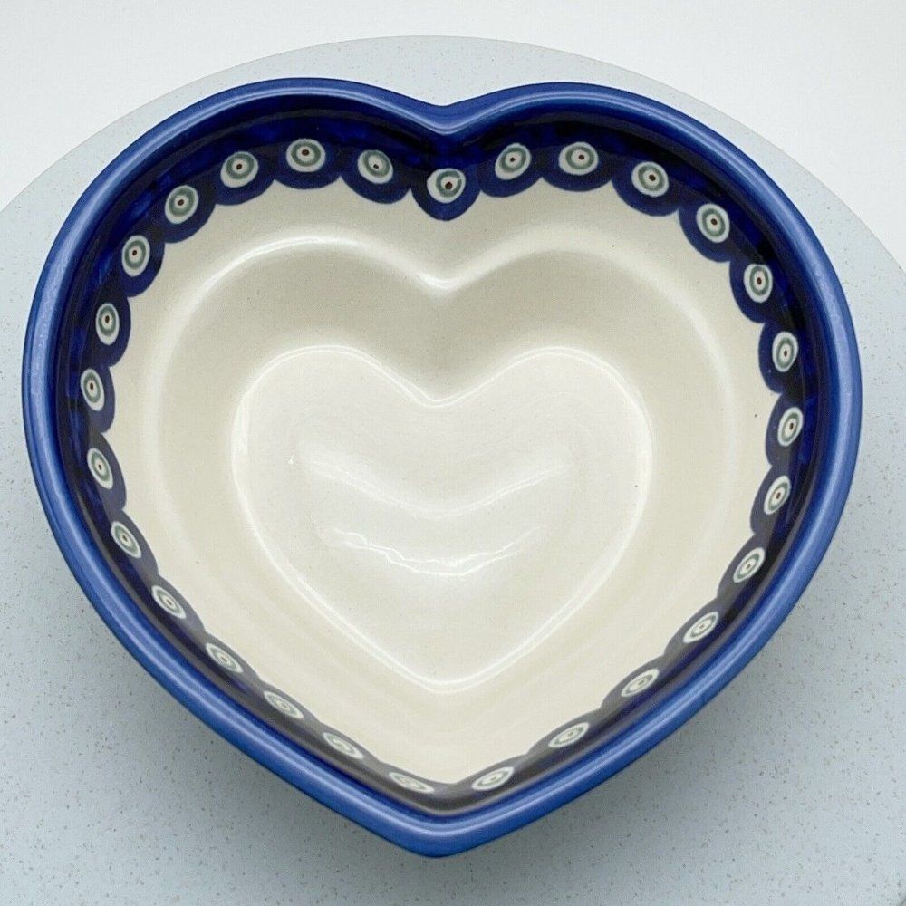 Boleslawiec Pottery Heart Shaped Bowl 6" Peacock Eye Flowers Dish Made in Poland